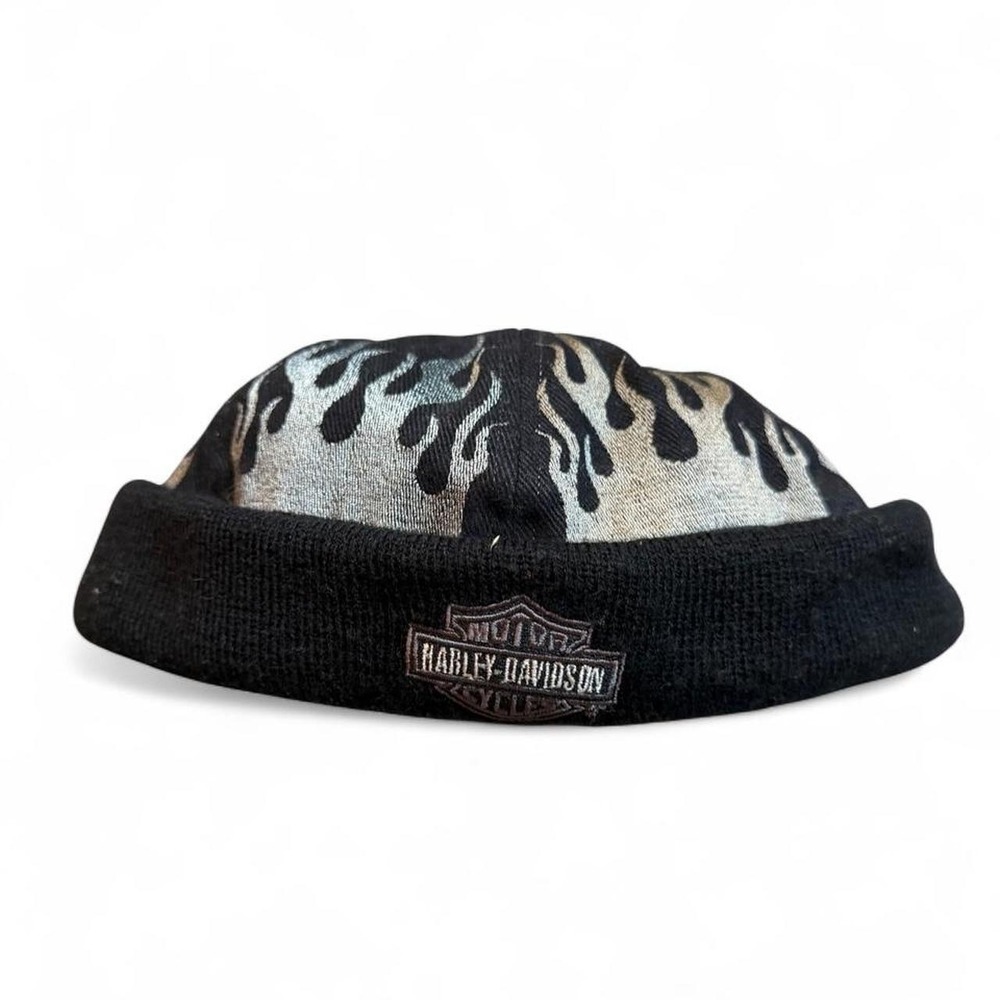 Harley-Davidson Biker Hat Skull Cap Brimless Black Silver Flames Embroidered